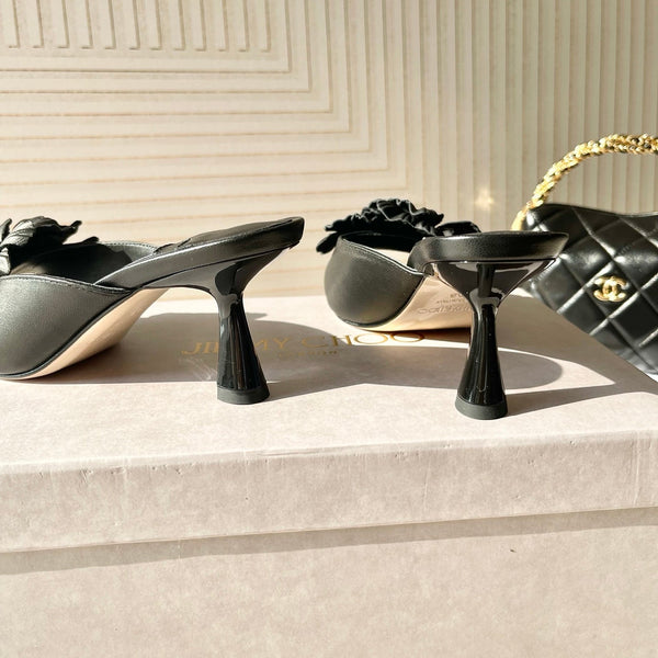 Jimmy Choo Skye Corsage Sandals Black Sheepskin 669846