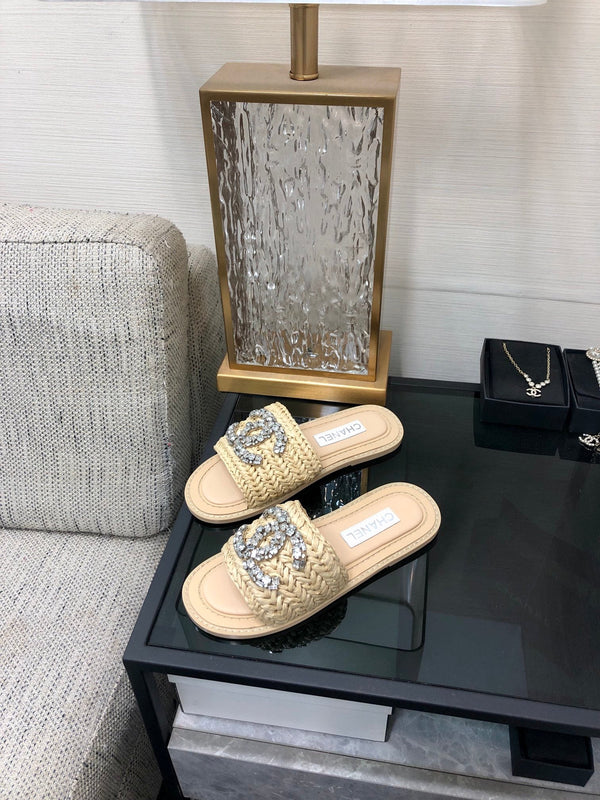 CC Flat Slides Beige Braided Raffia Crystal Embellished 688667