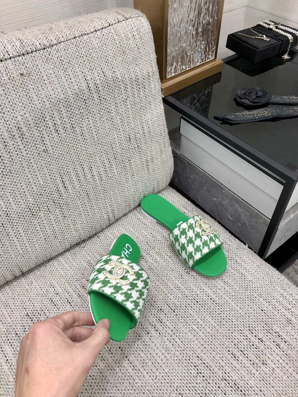 mule sandal green white houndstooth fabric