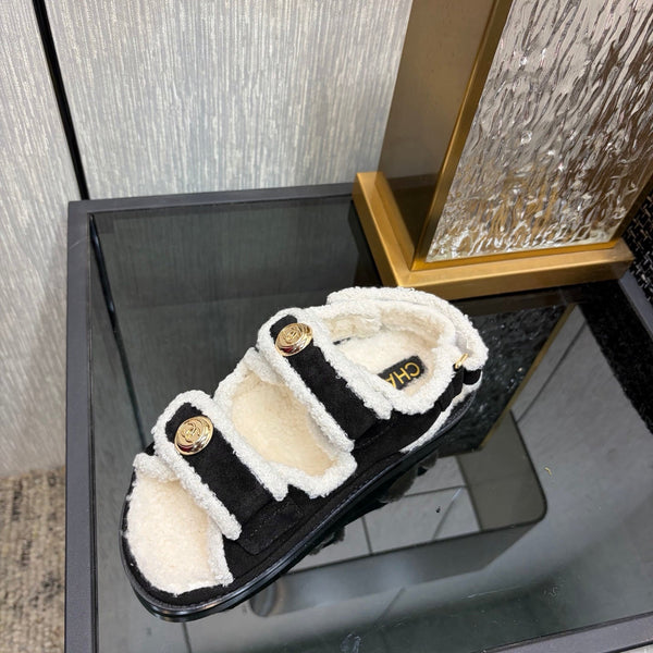 CC 26s Dad Sandals Black White Suede Shearing 970116