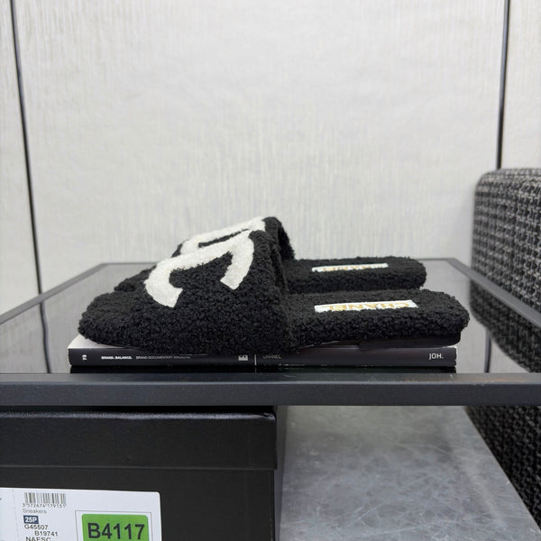 CC 26s Shearling Square Toe Sandals Black White Wool 128094