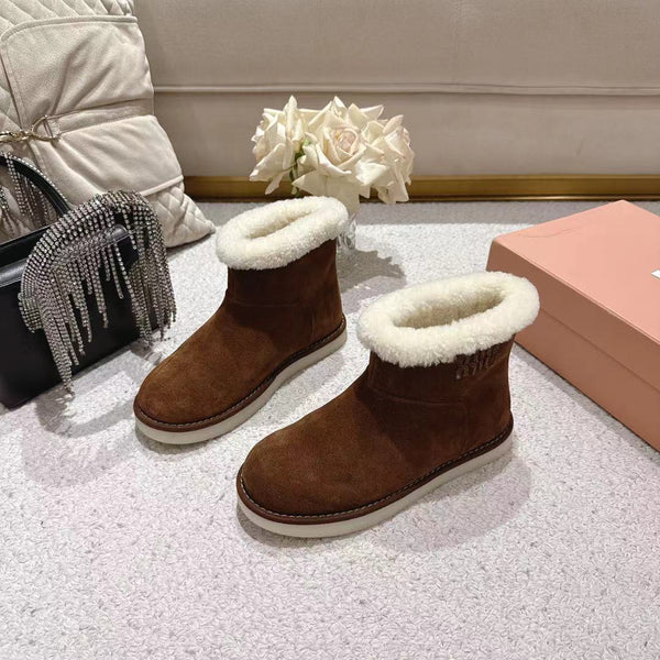 Miu Snow Boots Dark Brown Suede Shearling 455924
