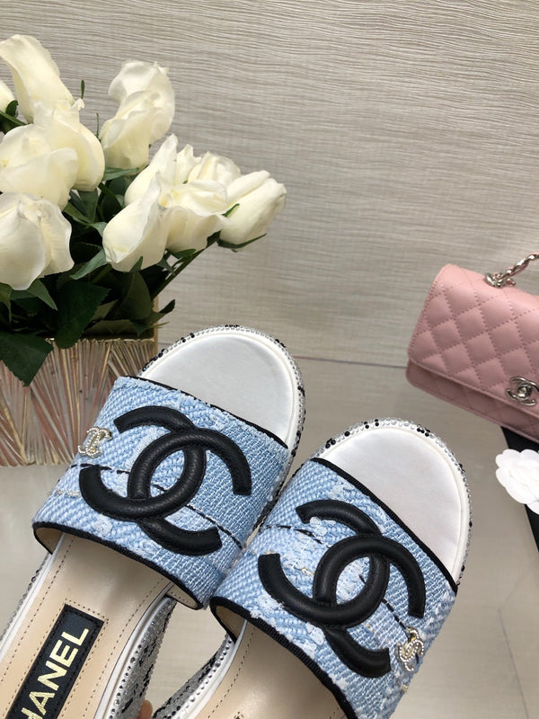 CC 25C Platform Slide Sandals Steed Blue Fabric 213131