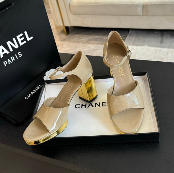 Platform Peep-Toe Sandals Beige Cream Lambskin