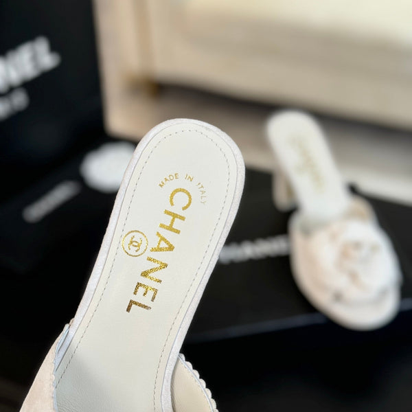 mule sandal flower high heel 80 white suede