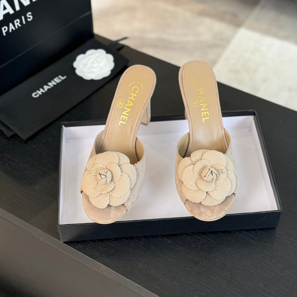 mule sandal flower high heel 80 beige suede