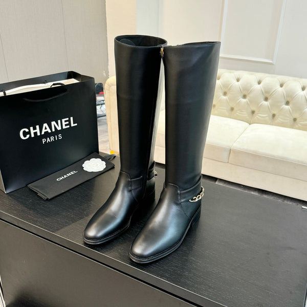 CC High Boots 30mm Plain Black Chain Cowhide