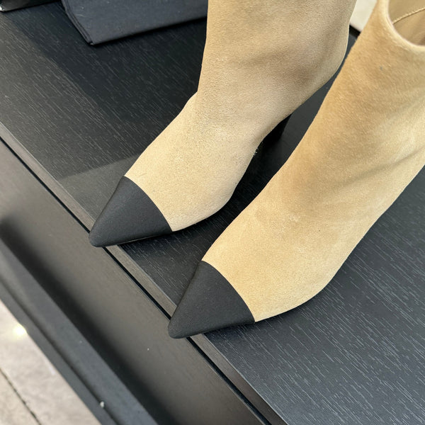 CC Gabrielle Chanel Ankle Boots 8.5cm Beige Suede Black Fabric