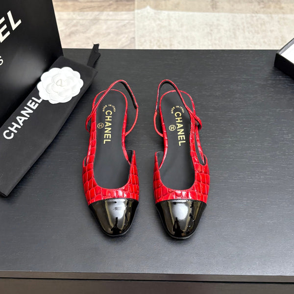 CC 26s Classic Slingback Flat Black Red Crocodile Embossed Patent Leather 907634