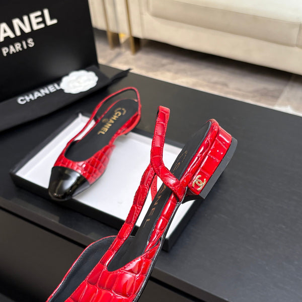 CC 26s Classic Slingback Flat Black Red Crocodile Embossed Patent Leather 907634