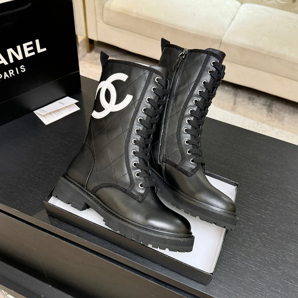 CC Quilted Combat Boots 26s Black Calfskin Leather 101988