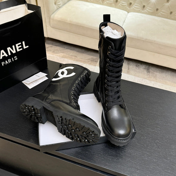 CC Quilted Combat Boots 26s Black Calfskin Leather 101988