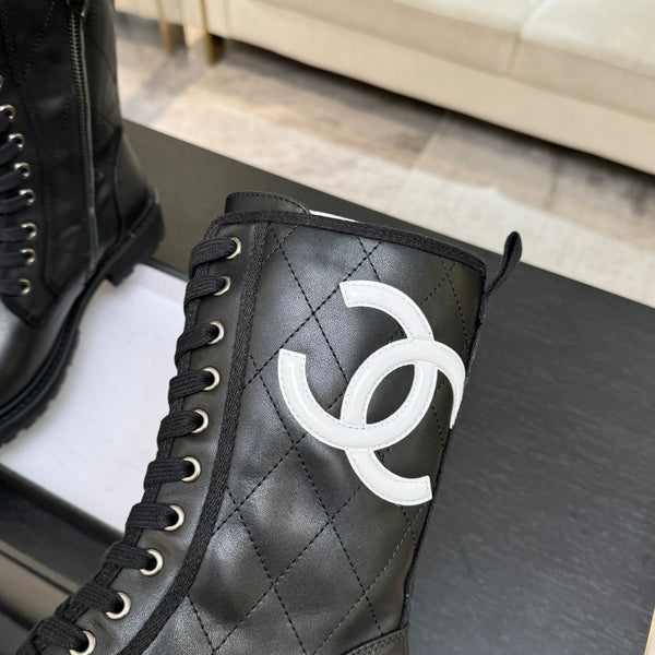 CC Quilted Combat Boots 26s Black Calfskin Leather 101988