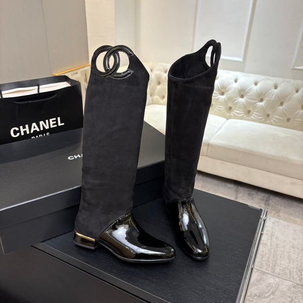 CC 26s Knee-High Riding Boots Black Patent Suede 106813