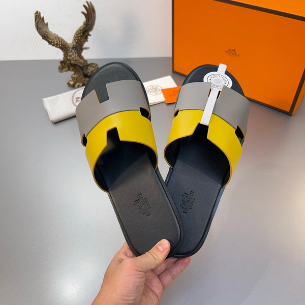HM Oran Slippers in Light Gray and Yellow Calfskin 735646