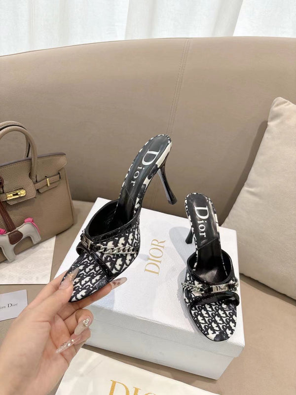 CD 26s Open Toe Mules 8.5cm White Black Oblique Canvas Chain Leather 116940