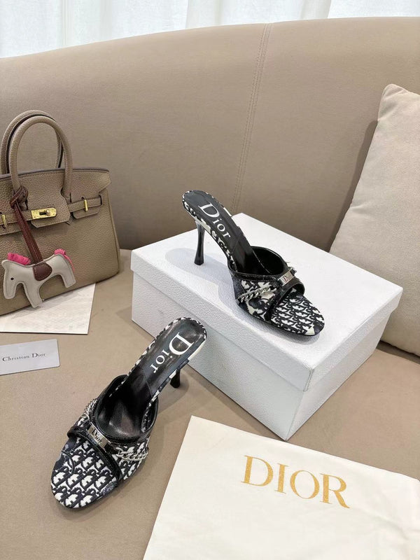 CD 26s Open Toe Mules 8.5cm White Black Oblique Canvas Chain Leather 116940