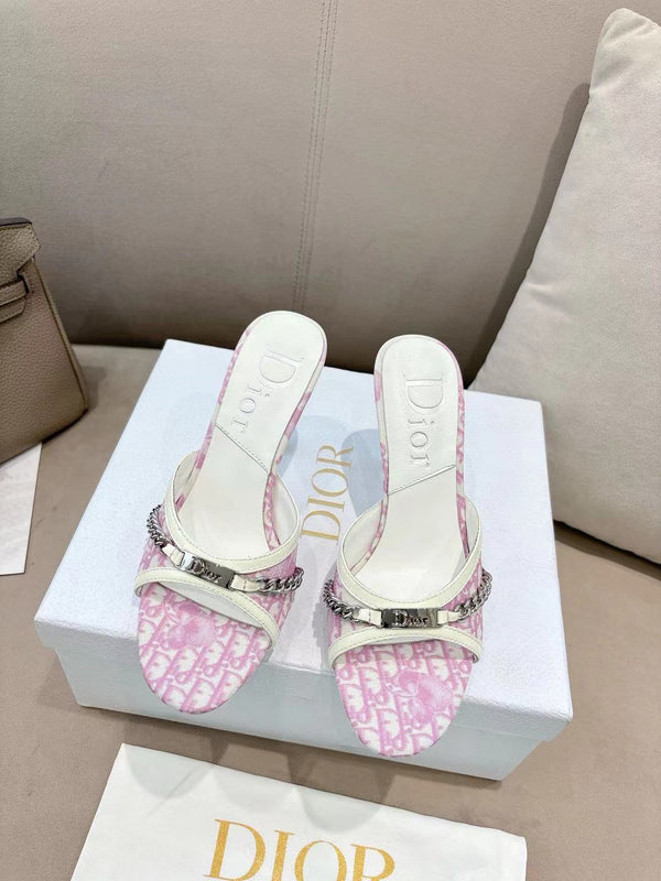 CD 26s Open Toe Mules 8.5cm Pink Oblique Canvas Chain Leather 116941