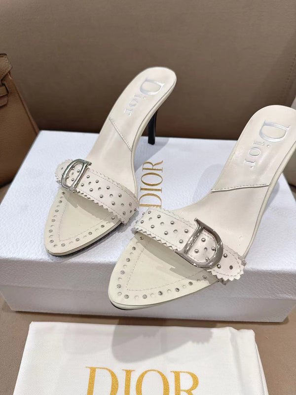 CD 26s Open Toe Mules 8.5cm Cream Studded Leather 116943