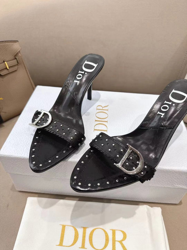 CD 26s Open Toe Mules 8.5cm Black Studded Leather 116942