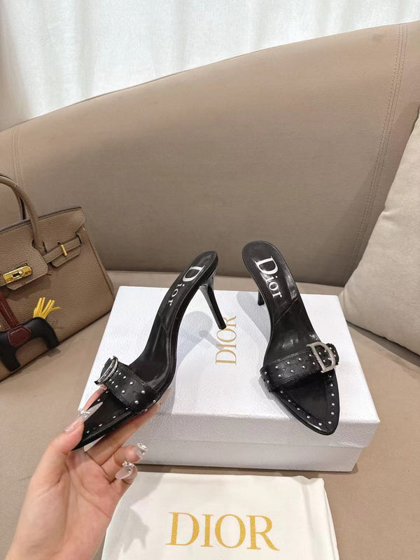 CD 26s Open Toe Mules 8.5cm Black Studded Leather 116942