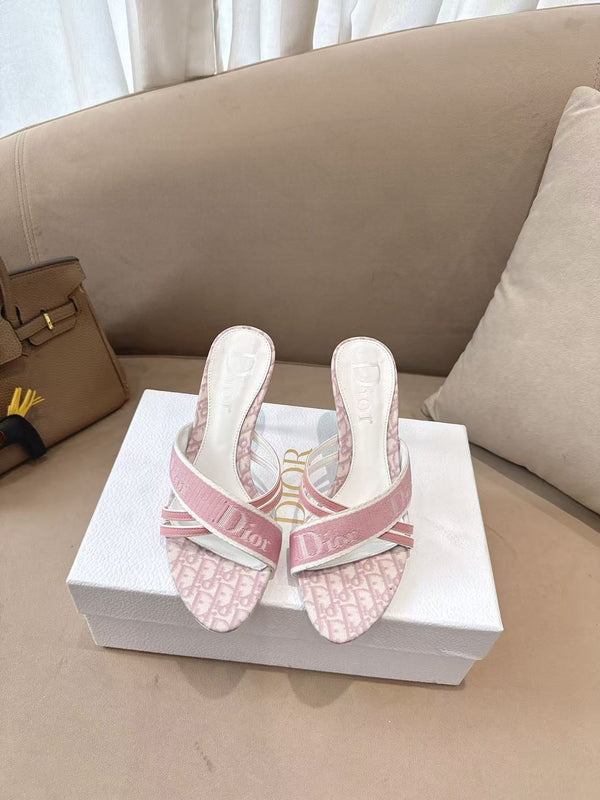 CD 26s Open Toe Mules 8.5cm Pink Oblique Canvas Leather 116945