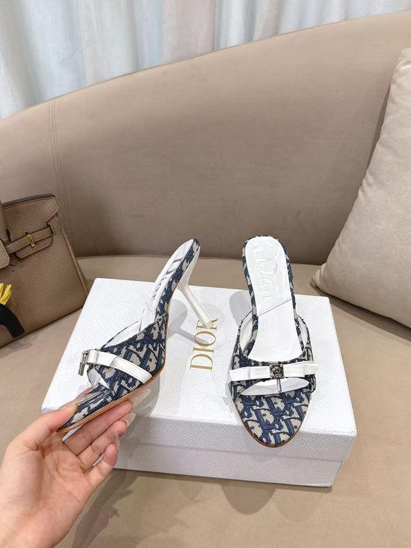 CD 26s Open Toe Mules 8.5cm Navy Blue Oblique Canvas Leather 116946