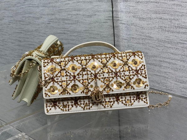 Dior 2025 Microbead Sequin Embroidery Bag 21cm White Gold Calfskin 270503