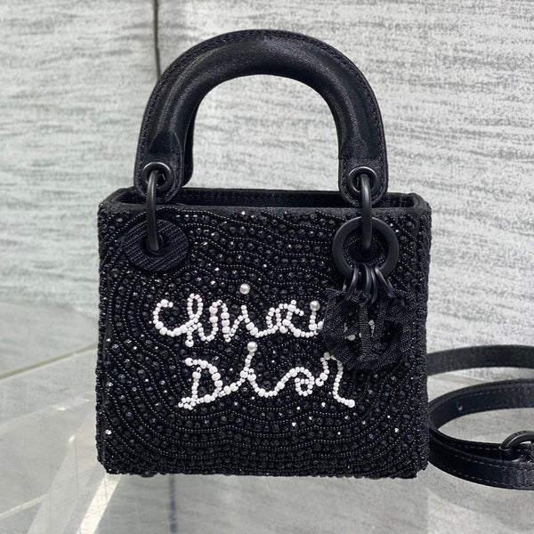 CD 2026 Lady Art Mini Bag 12cm Black Cotton Leather 352144