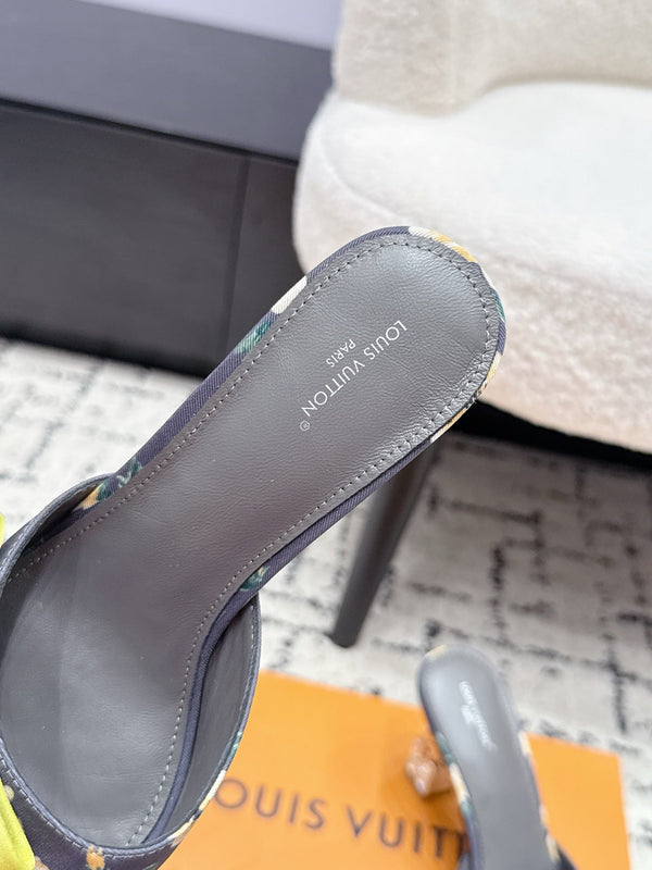 LV Cube Mules 7cm Navy Blue Silk Fabric Sheepskin 880433