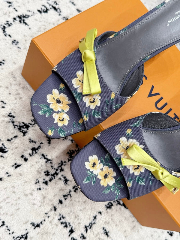 LV Cube Mules 7cm Navy Blue Silk Fabric Sheepskin 880433