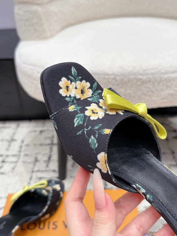 LV Cube Mules 7cm Black Yellow Silk Fabric Sheepskin 880435