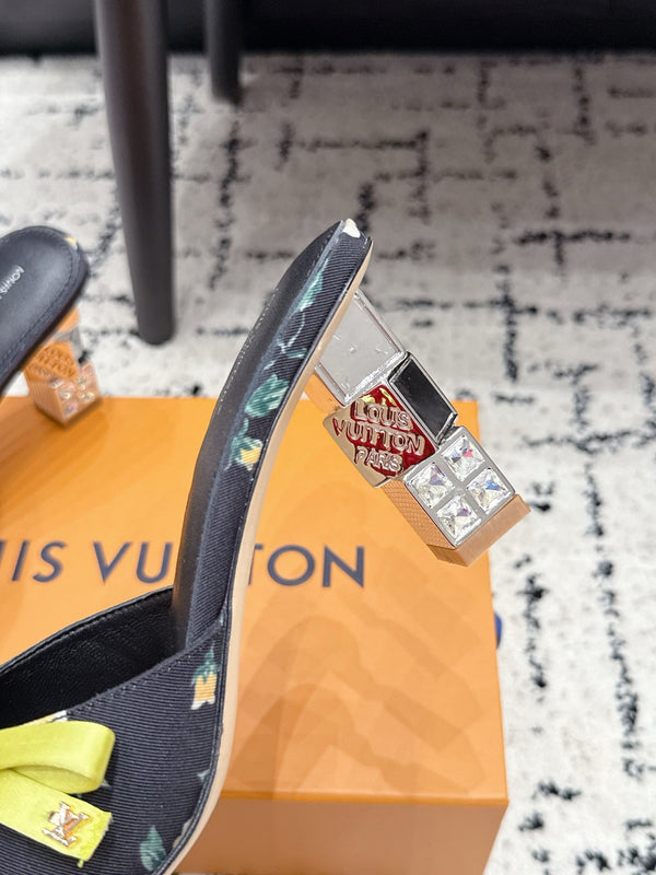 LV Cube Mules 7cm Black Yellow Silk Fabric Sheepskin 880435
