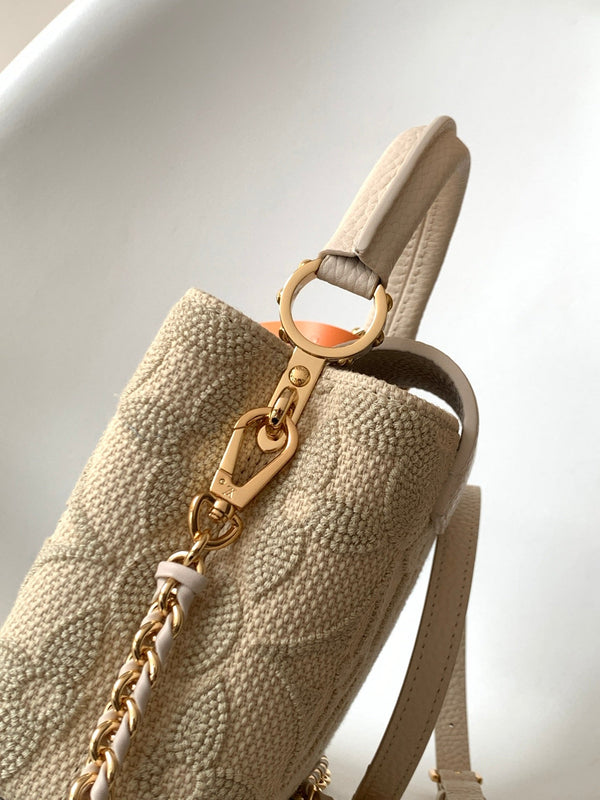 LV Capucine Mini Bag 21cm Vanilla Cotton Canvas Embroidered Pattern GHW