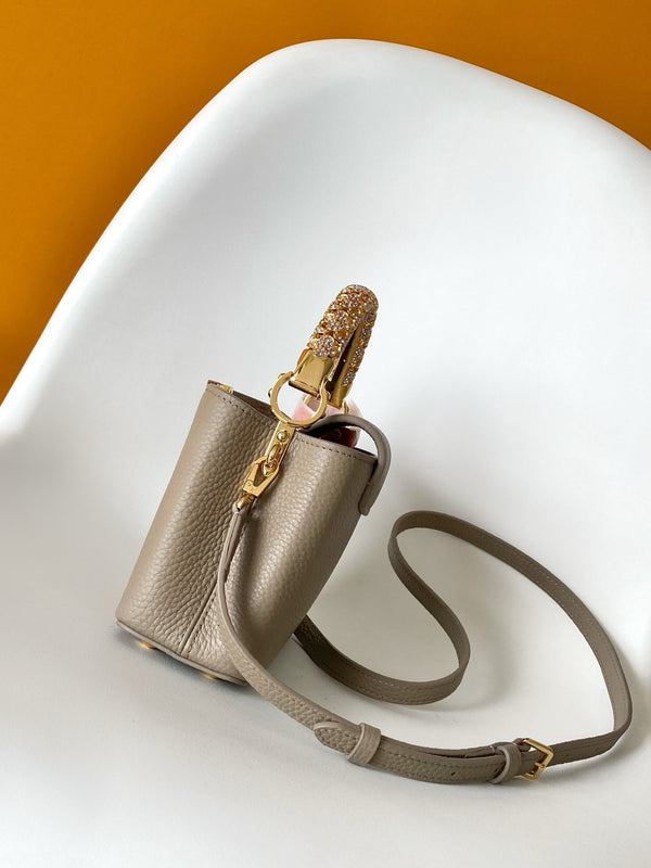 LV Capucines Mini Bedazzled Flower Handle Taupe Taurillon leather