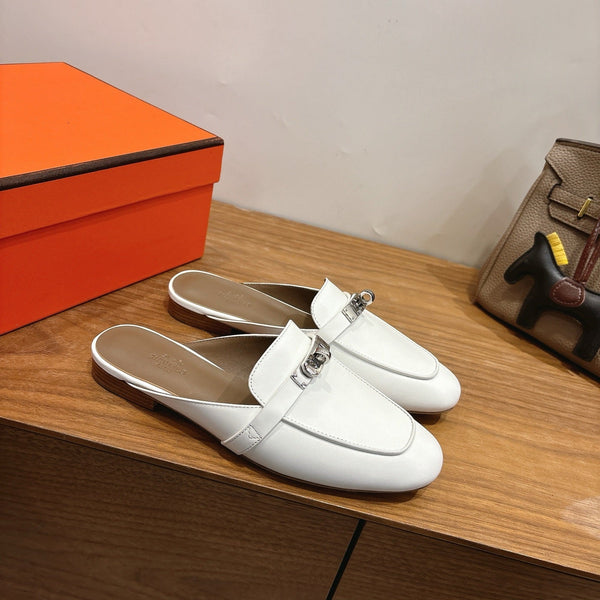 HM 26s Kelly Mule In White Calfskin Silver Hardware