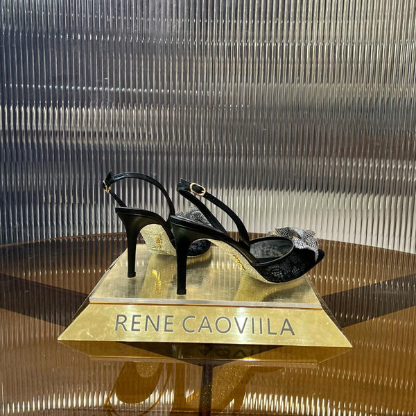 RC 25C Flower-Studded Diamond High-Heeled Sandals Black Sheepskin 174909