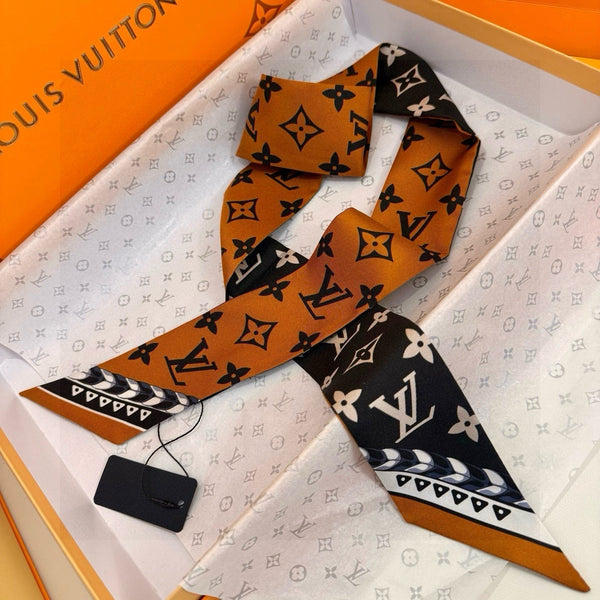 LV Twilly Mini Scarf 120 Black Brown Silk Twill 967458
