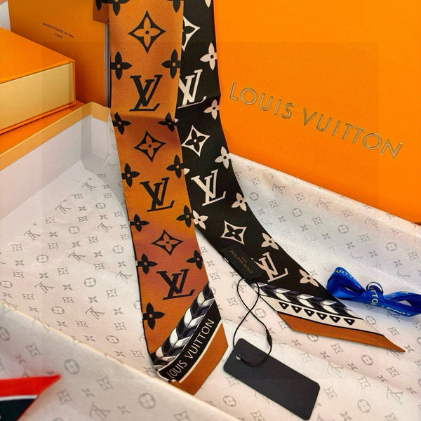 LV Twilly Mini Scarf 120 Black Brown Silk Twill 967458