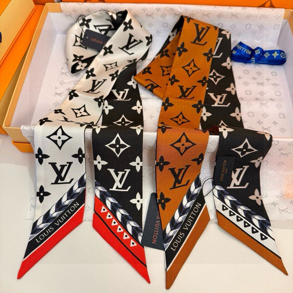 LV Twilly Mini Scarf 120 Black Brown Silk Twill 967458