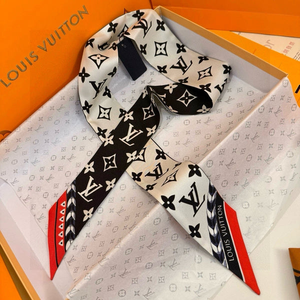LV Twilly Mini Scarf 120 Black Beige Silk Twill 967459