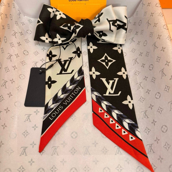 LV Twilly Mini Scarf 120 Black Beige Silk Twill 967459