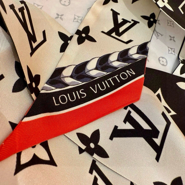 LV Twilly Mini Scarf 120 Black Beige Silk Twill 967459