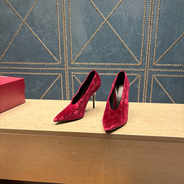 GG High-Heeled Pump 10.5cm Burgundy Velvet 741292