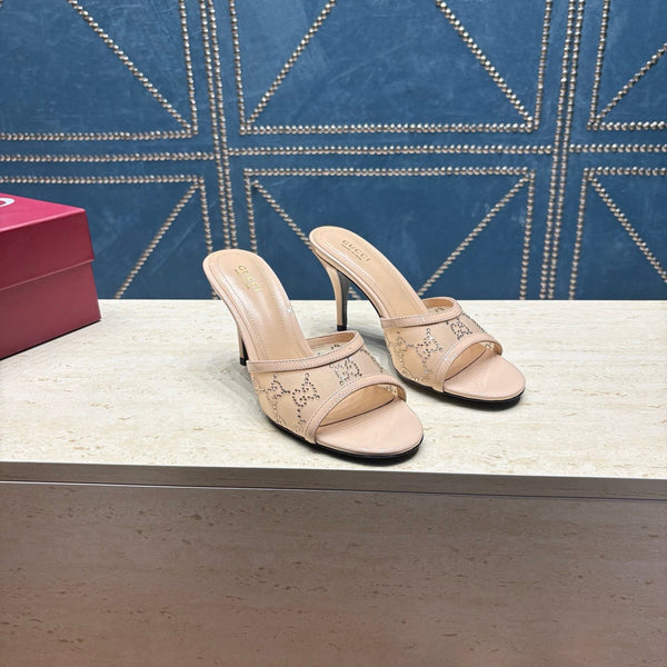 GG Women's Crystal Slide 8.5cm Sandal Beige Mesh Leather 741295