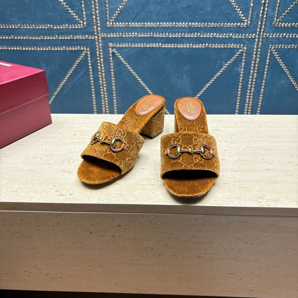 GG 26ss Chunky Heel Sandals 55 Brown Velvet 741299