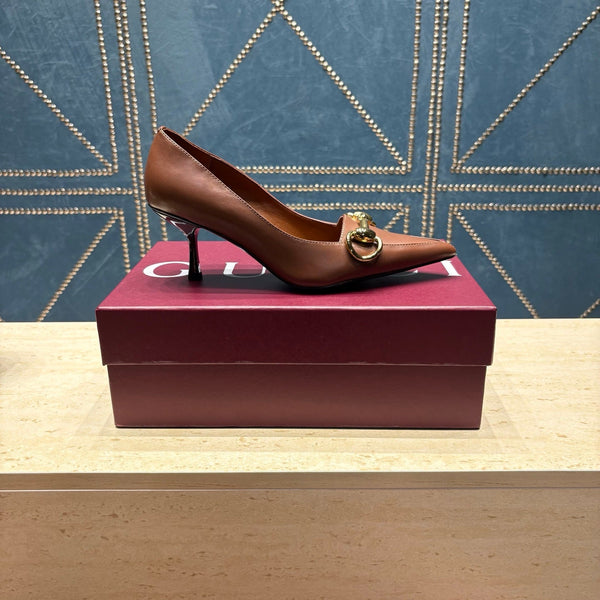 GG 26s Signoria Horsebit Pumps 7cm Brown Leather 106949