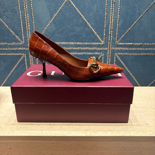 GG 26s Signoria Horsebit Pumps 7cm Brown Croc-Effect Leather 106952