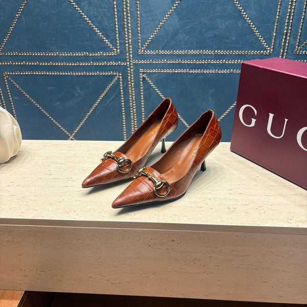 GG 26s Signoria Horsebit Pumps 7cm Brown Croc-Effect Leather 106952