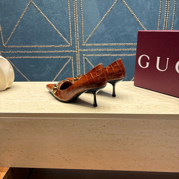 GG 26s Signoria Horsebit Pumps 7cm Brown Croc-Effect Leather 106952
